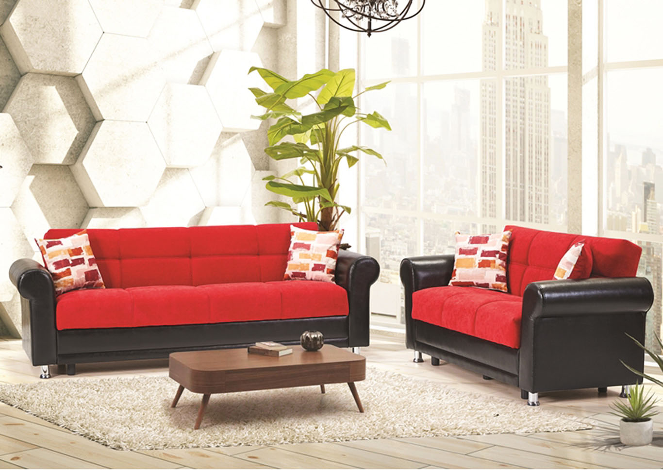 Avalanche Red Chenille Sofabed & Loveseat Affordable Furniture & Carpet Chicago, IL